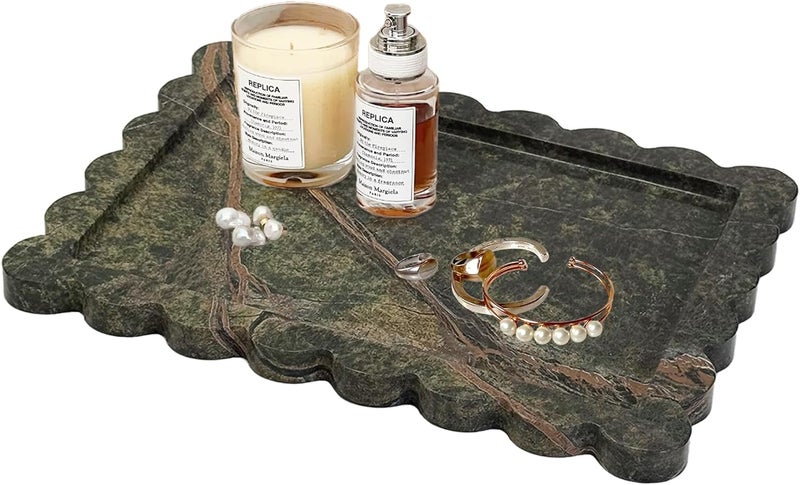 PROLEE Scalloped Marble Tray,Marble Vanity Trays for Bathroom 12" x 9", Scalloped Tray,Wave Appearance Jewelry Home Decor Stone Trays for Kitchen Counter, Bathroom, Rainforest Green - Image 1